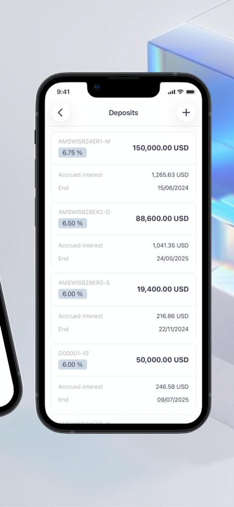 ArmSwiss Mobile Banking - Interface of ArmSwiss Mobile Banking app showing a list of deposit accounts with USD balances and interest rates