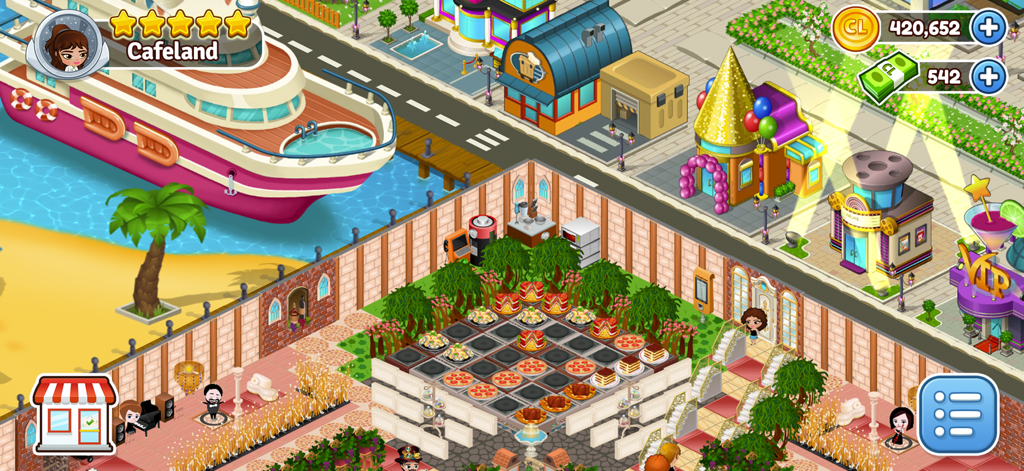 Cafeland - Restaurant Cooking - Top down view of a colorful virtual restaurant with cooking stations and a cruise ship nearby