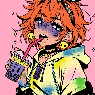 hot baddie anime girl drinking boba and biting the straw