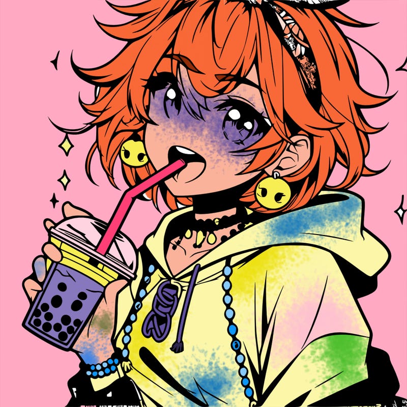 hot baddie anime girl drinking boba and biting the straw