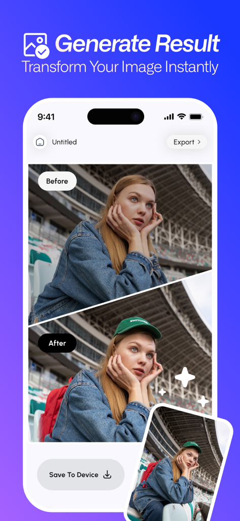 Repik - AI Photo Retouch & Fix - Comparison showing a portrait before and after AI generative editing with added hat and backpack