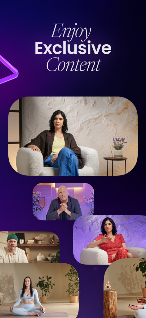 Un collage que muestra a varios maestros espirituales y guías de meditación ofreciendo contenido exclusivo en la aplicación Spirio
