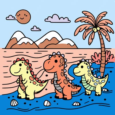friendly dinosaurs on the beach