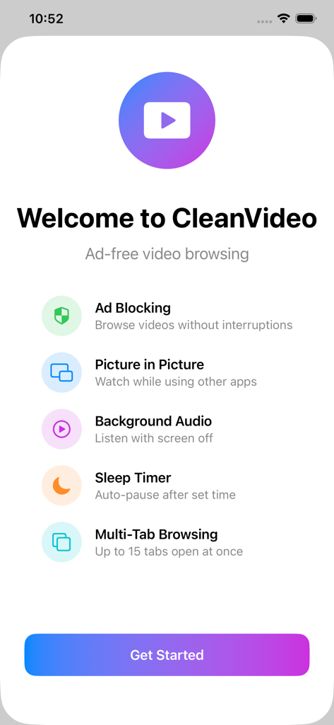 Video Lite – Player & Browser - Pantalla de bienvenida de la aplicación Video Lite que muestra las funciones de bloqueo de anuncios y reproducción en segundo plano