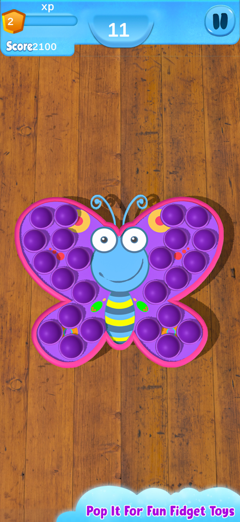 Fidget Toys 3D - Pop It Game - A 3D purple butterfly pop it fidget toy on a wooden background in the Fidget Toys 3D app