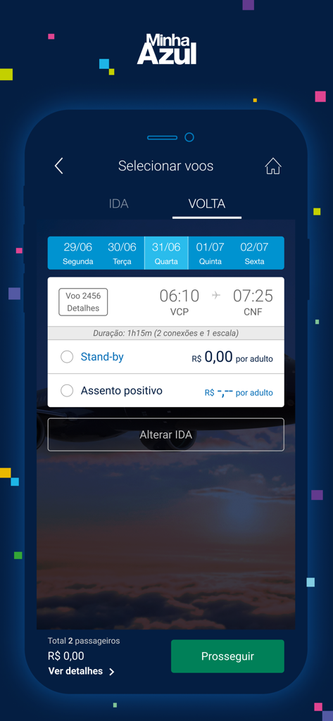 Minha Azul mobile app interface showing flight selection and standby options for airline crew members