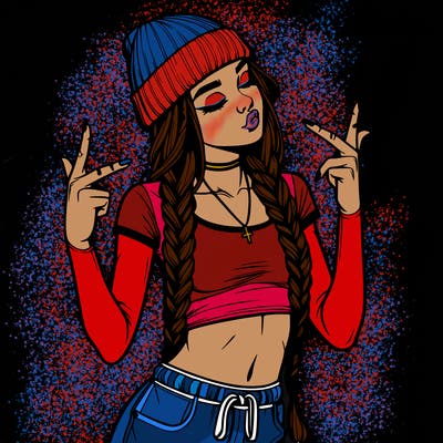 realistic teenage girl with braids and a beanie and crop top doing 🫶🏼
