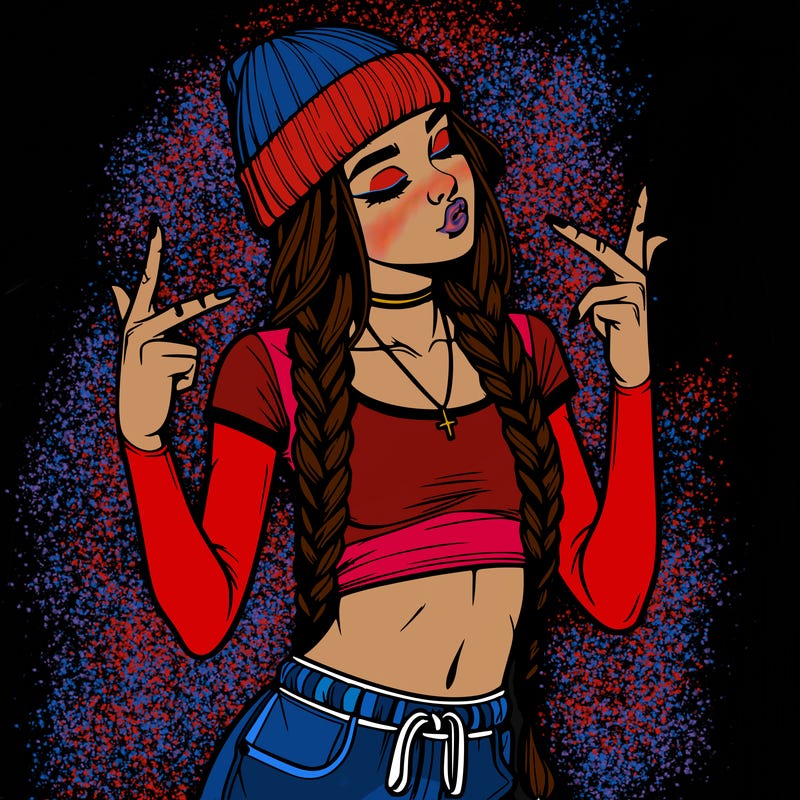 realistic teenage girl with braids and a beanie and crop top doing 🫶🏼