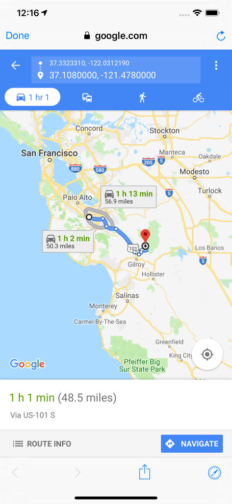 Mobile app screenshot showing a Google Maps driving route to a hot spring in California with travel time and distance