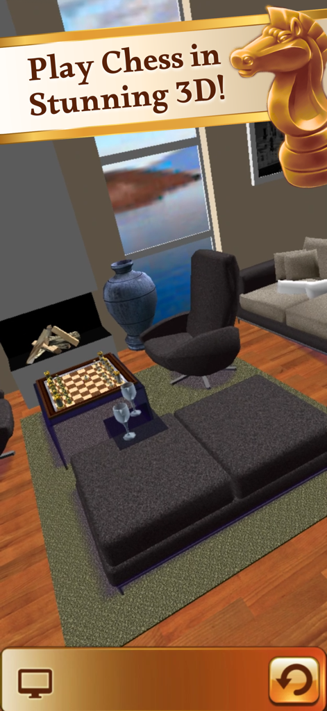 Chess 3D Pro Trainer - Un tablero de ajedrez 3D en una sala de estar moderna con el texto Juega Ajedrez en Impresionante 3D