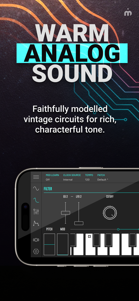 DRC - Polyphonic Synthesizer - A smartphone screen displaying the DRC polyphonic synthesizer app interface and the text Warm Analog Sound