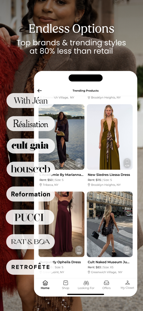 Pickle fashion rental app interface showcasing trending designer dresses from brands like Reformation and Pucci.