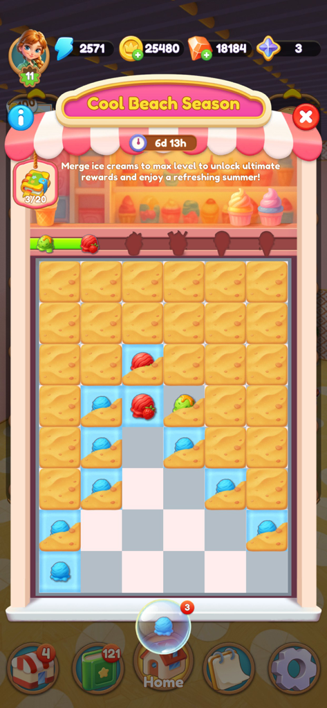 Merge Master Home Designのクールビーチシーズンイベントのゲームプレイ画面。アイスクリームのマージパズルが表示されています。