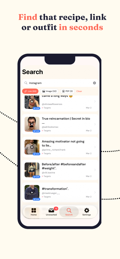 Stash Anything: Save & Sort - A mobile app interface showing search results for Instagram stashed links and videos with filter options.