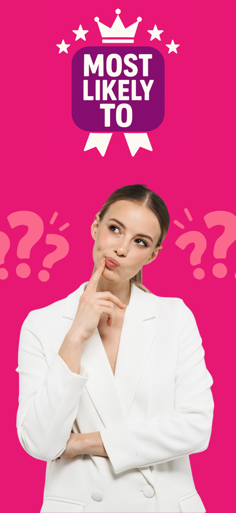 Most Likely To: Dirty Adult - Una joven con traje blanco pensando con el logo del juego Most Likely To encima de ella sobre un fondo rosa