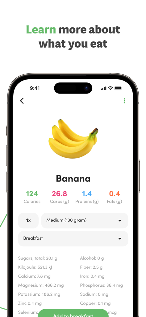 Calories and nutrition tracker - Pantalla de teléfono inteligente que muestra el desglose nutricional de un plátano, incluidas las calorías y los macronutrientes en la aplicación Virtuagym Food