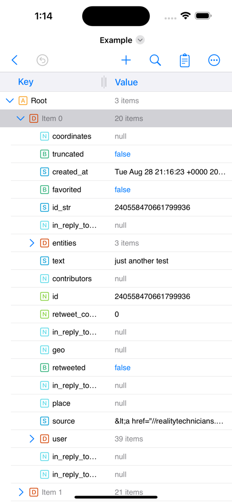 JSON Editor Mobile - JSON Editor Mobile 앱 인터페이스의 스크린샷으로, 키 및 값 열이 있는 개요 모드에서 중첩된 데이터 트리 구조를 표시합니다.