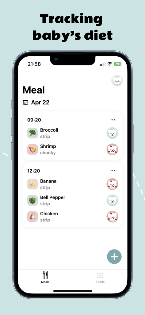 BLW Diary - Capture d'écran de l'iPhone de l'application BLW Diary montrant le journal des repas quotidiens d'un bébé avec des aliments tels que le brocoli, les crevettes, la banane et le poulet.