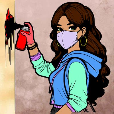 realistic girl with mask spray painting a wall