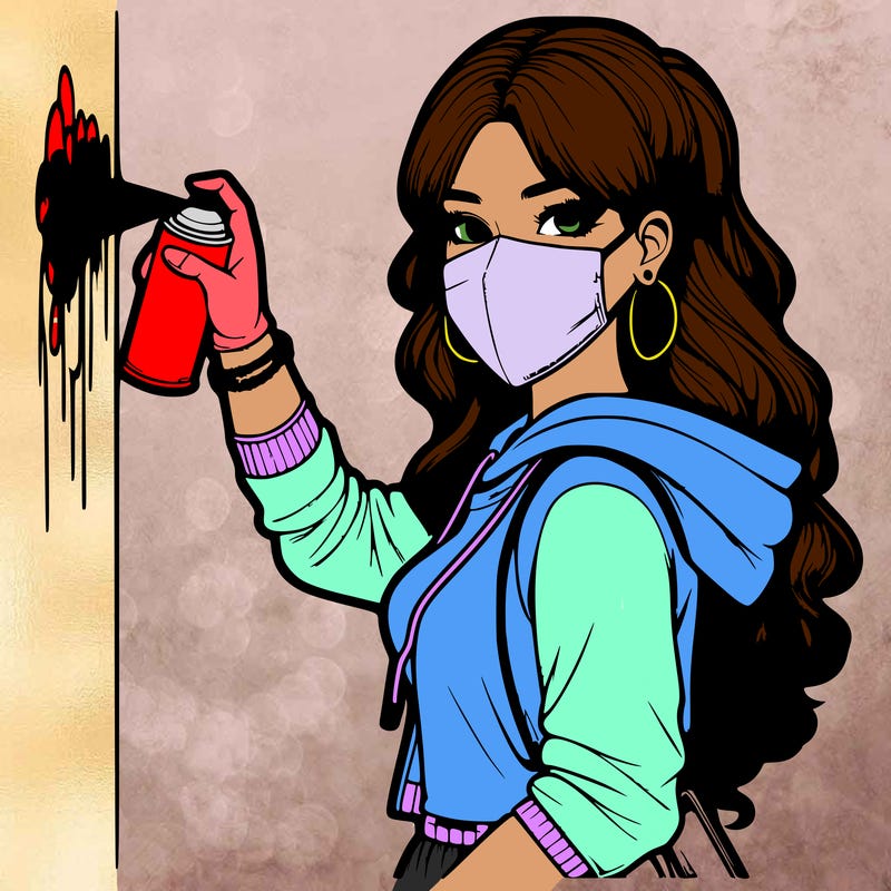 realistic girl with mask spray painting a wall