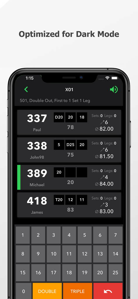 Darts Scoreboard: Scorekeeper - Darts Scoreboard app interface in dark mode displaying player scores and statistics for an X01 game.