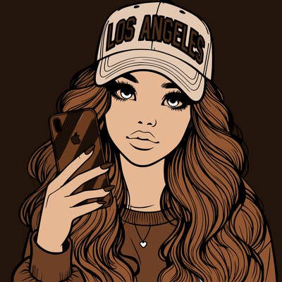 realistic beautiful girl wearing los ángeles cap holding an iphone