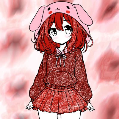 pretty anime girl wearing a fluffy hoodie with bunny ears on the hood and a skirt
