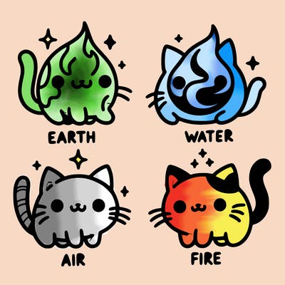 4 cats that represent the different elements, earth, water, air, and fire