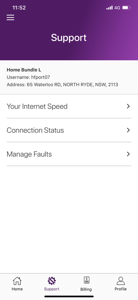 My TPG - The support interface of the My TPG app showing options for checking internet speed and connection status