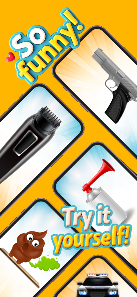 The Prank App - Funny Sounds - A showcase of prank tools including a hair clipper air horn and gun prank on multiple smartphone screens