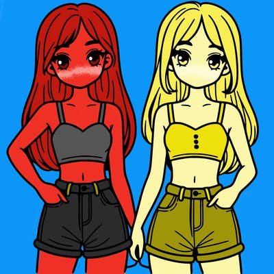 two sisters with crop tops and jean shorts and straight hair