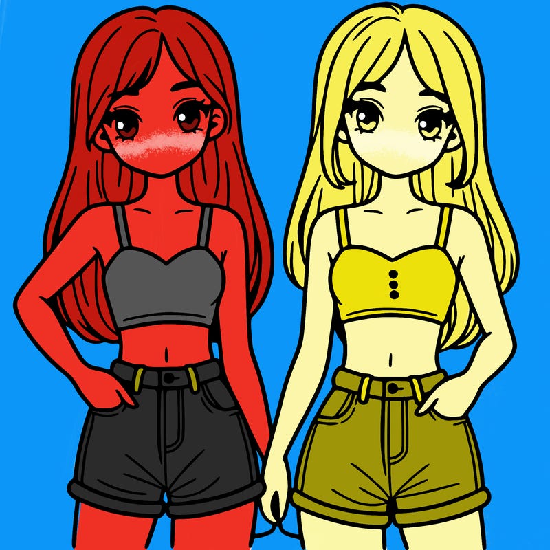 two sisters with crop tops and jean shorts and straight hair