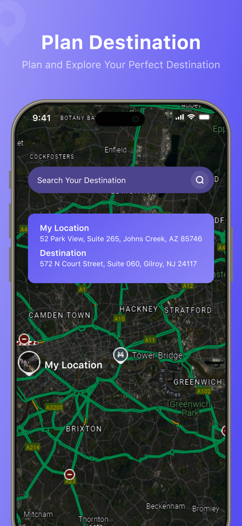 지도 내비게이션 및 위치 주소가 있는 목적지 계획 기능을 보여주는 모바일 화면