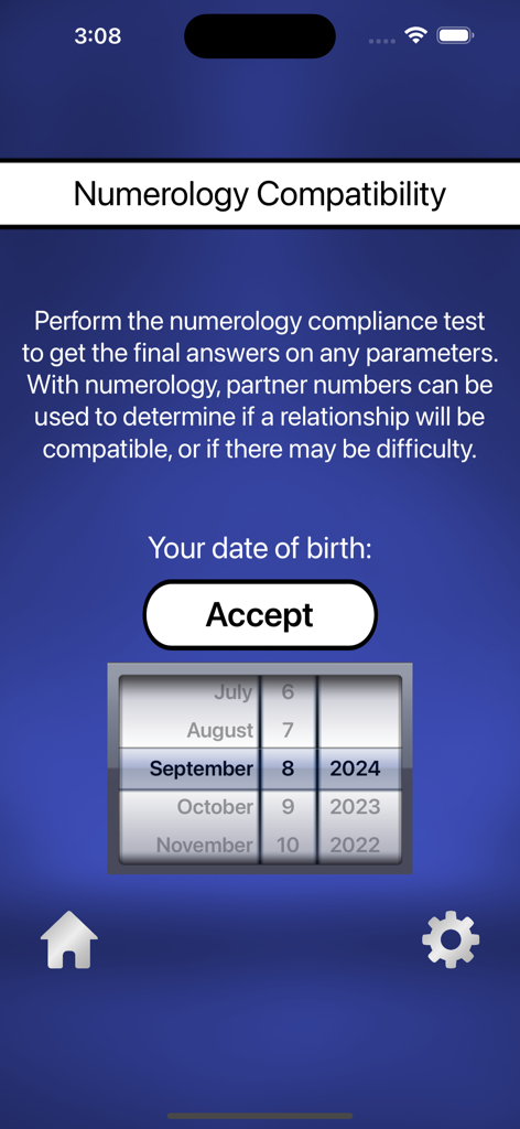 Love Test: Love Calculator - Schermata di compatibilità numerologica nell'app Love Test che mostra una rotella di selezione della data di nascita e un pulsante di accettazione