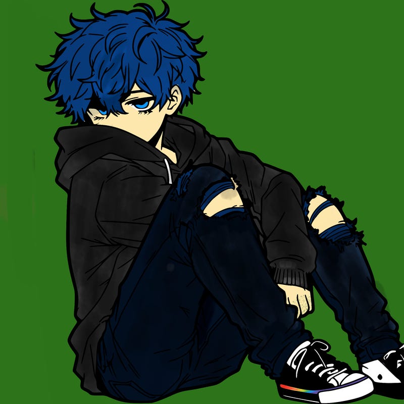 a male hoddie ripped jeans messy hair anime