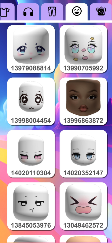 A selection of various Roblox avatar faces with their unique numerical ID codes for in-game customization.