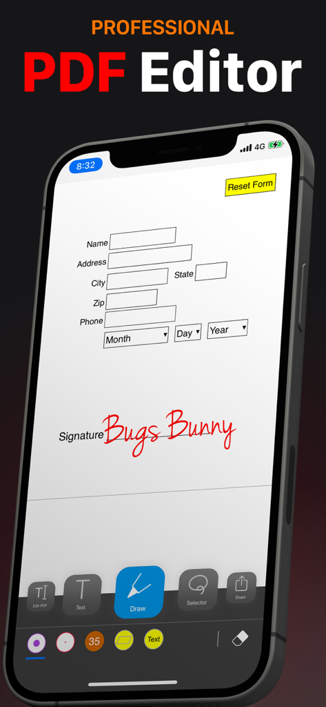 PDF Office Max Acrobat Expert - Aplicación profesional de edición de PDF en iPhone que muestra un formulario siendo firmado y completado