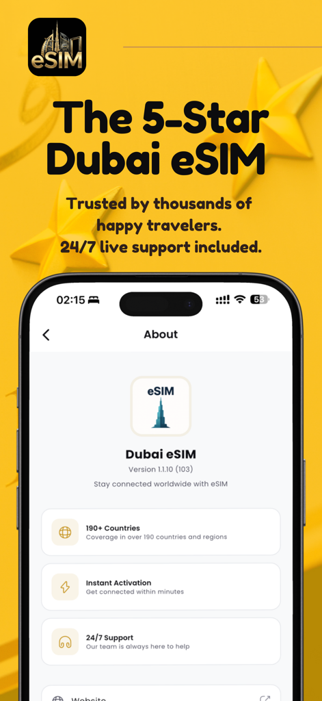 Dubai eSIM: Travel Internet - Screenshot der Dubai eSIM App mit Reisedaten-Funktionen und 24/7-Support