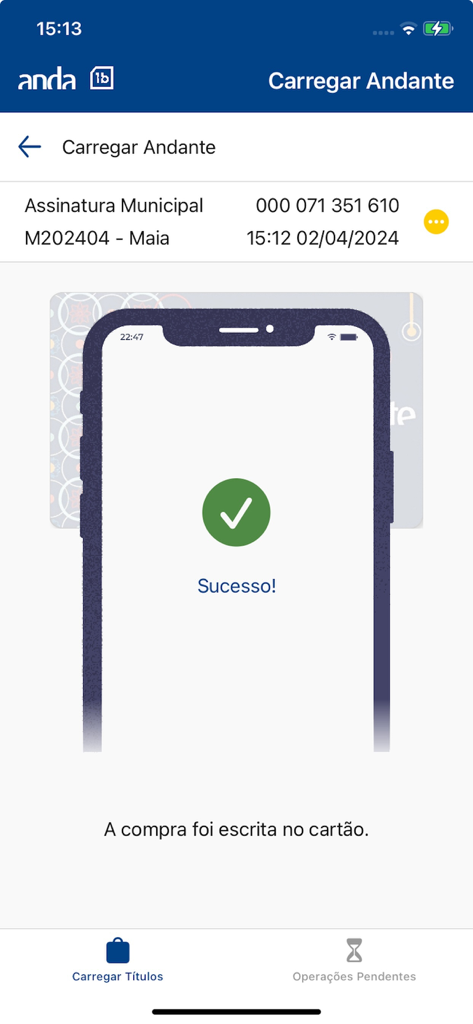 Anda - Anda app screen showing a green checkmark and success message for a transport card top up