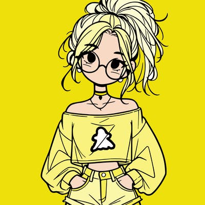 girl with a messy ponytail glasses a baggy crop top and jean shorts