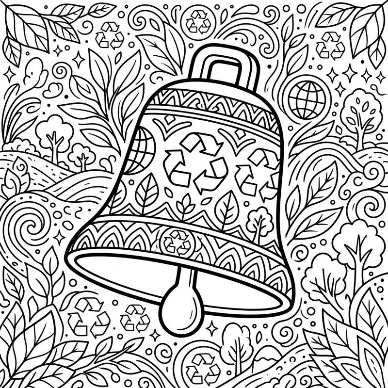 Ring in environmental awareness with this delightful Earth Day cowbell coloring page. Featuring intricate designs of recycling symbols, lush leaves, and tiny globes, it's a perfect blend of festive sound and ecological spirit.