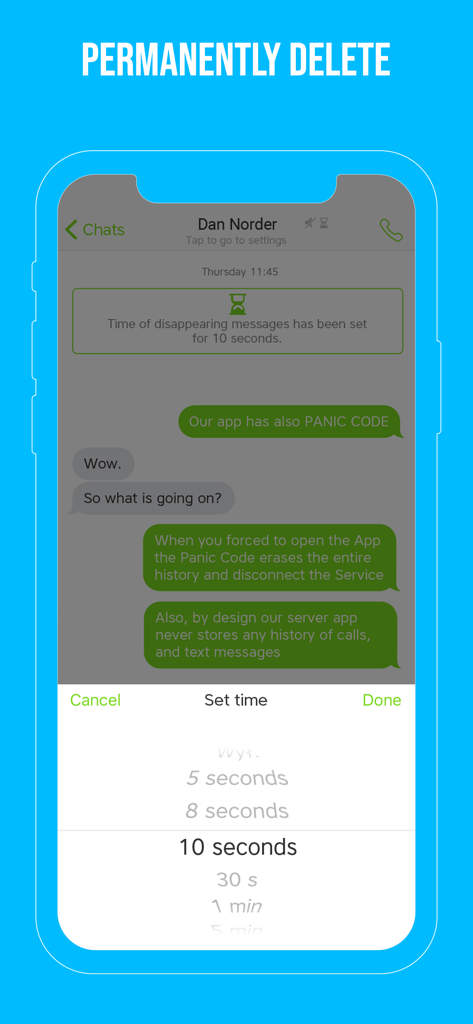 UseCrypt Messenger - UseCrypt Messenger interface showing disappearing message timer and panic code features