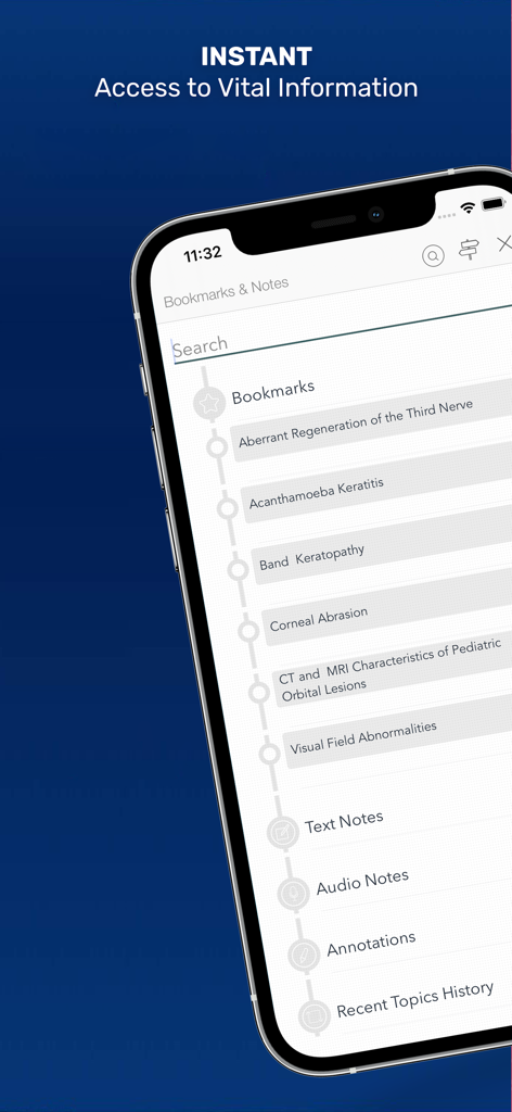 Screenshot of The Wills Eye Manual app showing the Bookmarks and Notes interface with a list of ophthalmic conditions and search functionality
