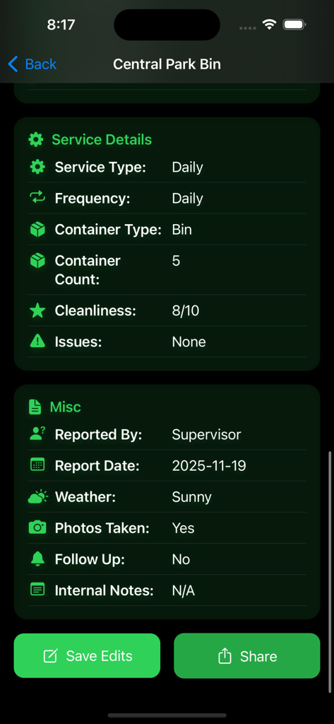 Garbage Maps Collection - Mobile app interface showing service details and supervisor report for a waste collection site
