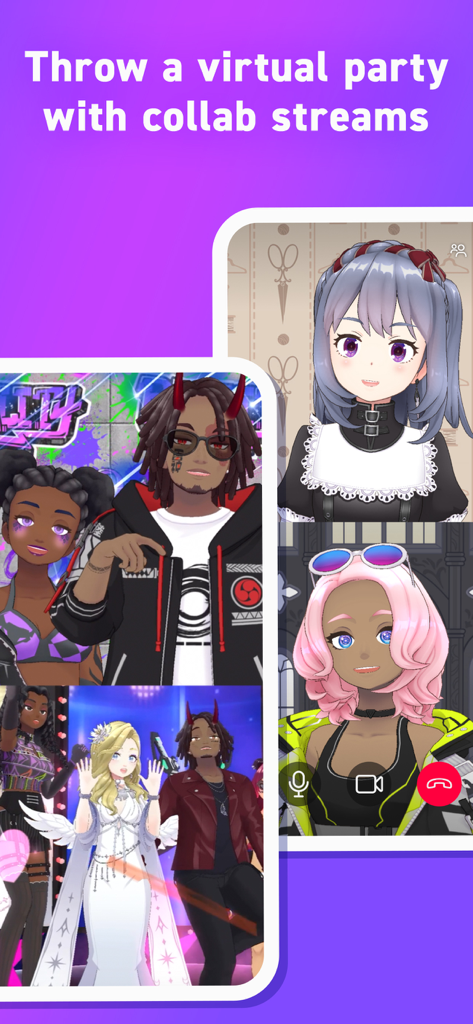 Un gruppo di avatar anime personalizzati che partecipano a una festa virtuale tramite uno stream collaborativo.