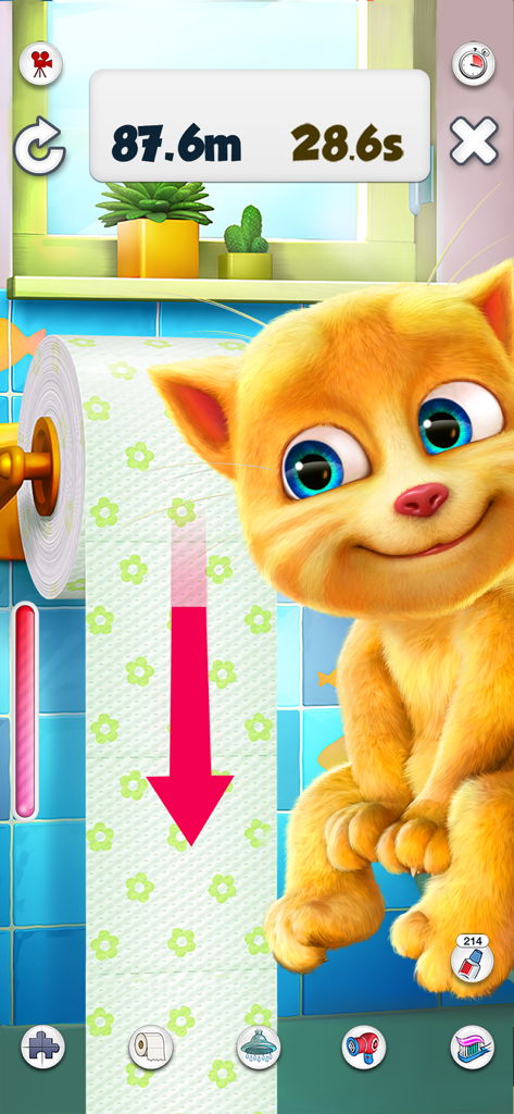 Talking Ginger - Gato Talking Ginger desenrollando papel higiénico en un minijuego de baño