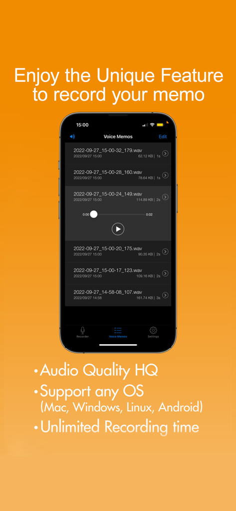 Voice Recorder HD mobile app showing a list of saved voice memos and professional features like high quality audio and unlimited recording time