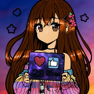 anime girl with long hair holds a 20 likes sign