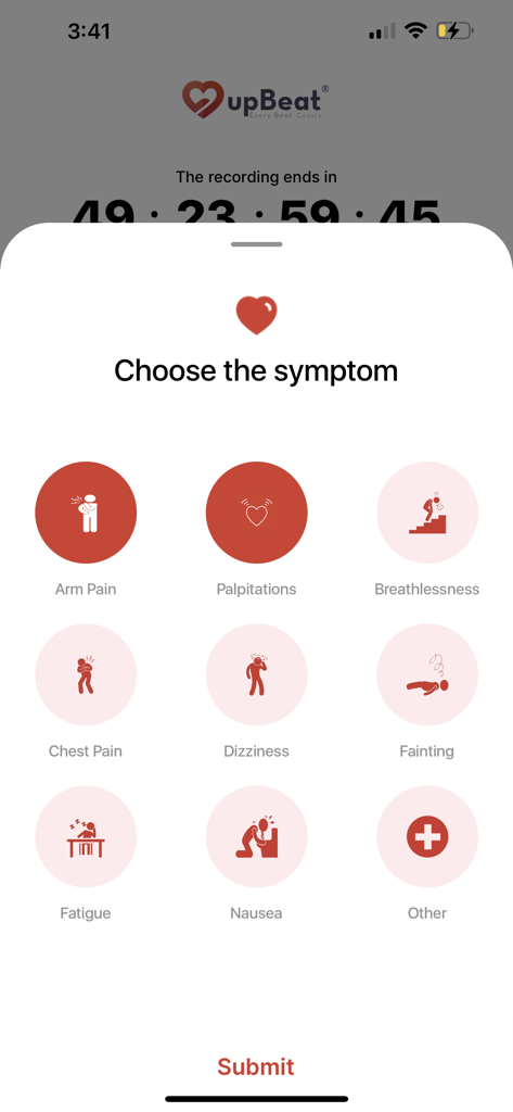 A mobile interface for the upBeat app where users can select symptoms like chest pain, palpitations, or dizziness.