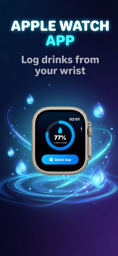 Water Reminder - DropWise - Apple Watch interface for DropWise water reminder showing daily hydration progress
